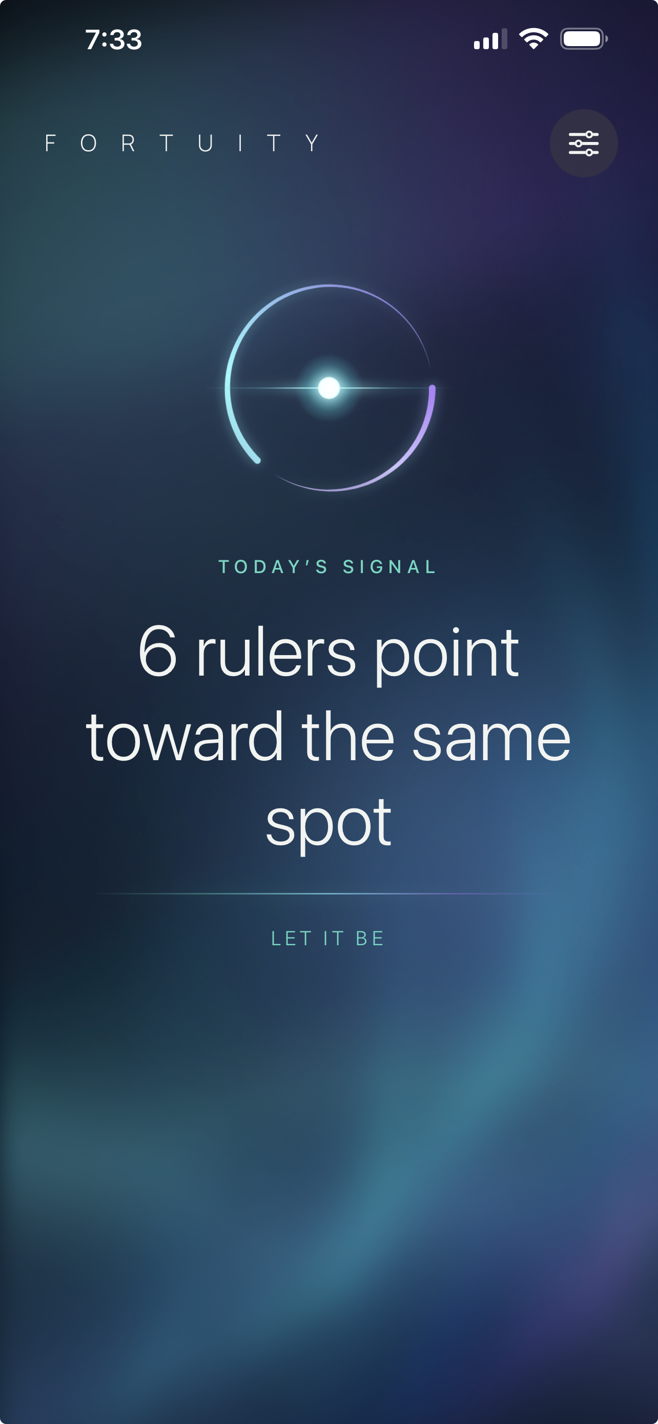 Fortuity app screen showing today’s Signal: 6 rulers point toward the same spot.